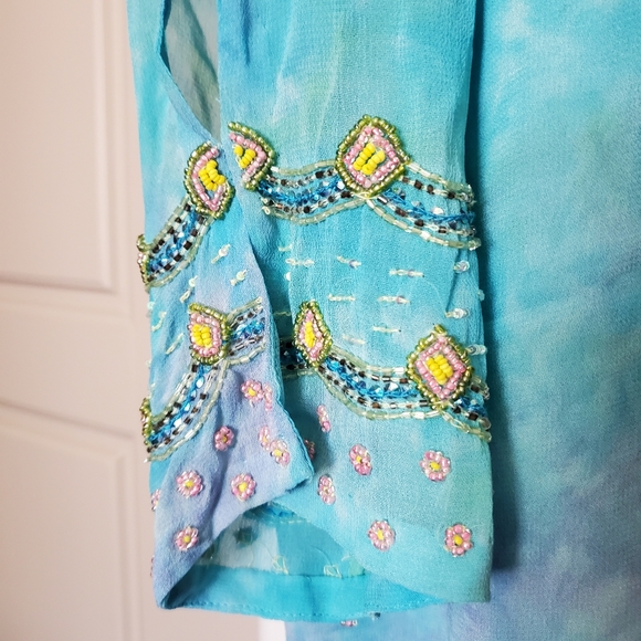 Roaman's Blue Tie Dye Beaded Chiffon Dress - Picture 5 of 14